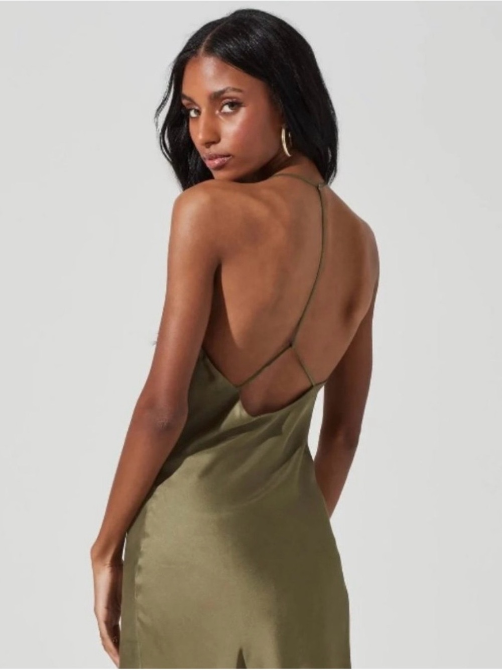 ASTR The Label Medford Olive Green Satin Cowl Neck Mini Dress S